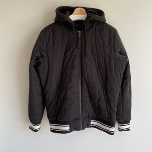 Hollister Mens Hooded Puffer Jacket Black Varsity Striped Trim Quilted Small NEW